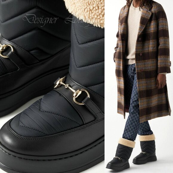 NEW GUCCI Quebec Shearling Horsebit Quilted Nylon and Leather Boots G10 /US 10.5